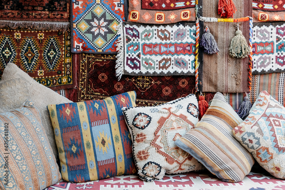 Detail image of Colorful traditional pattern pillows, interior decoration