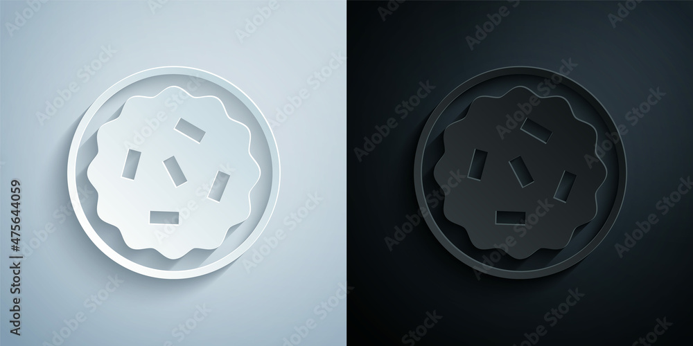 Paper cut Homemade pie icon isolated on grey and black background. Paper art style. Vector Paper cut Homemade pie icon isolated on grey and black background. Paper art style. Vector