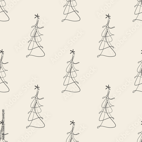 seamless simple christmas pattern background with hand draw line art pine tree
