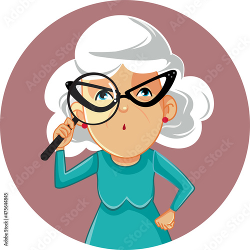 Funny Granny Looking Through a Magnifying Glass Vector Illustration photo