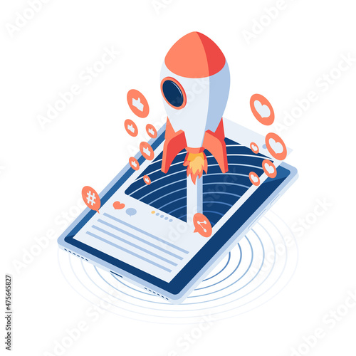 Isometric Rocket Flying Out From Social Media Post on Smartphone
