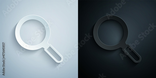 Paper cut Magnifying glass icon isolated on grey and black background. Search, focus, zoom, business symbol. Paper art style. Vector