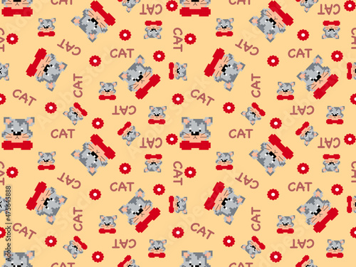 Wallpaper Mural Cat cartoon character seamless pattern on orange background. Pixel style Torontodigital.ca