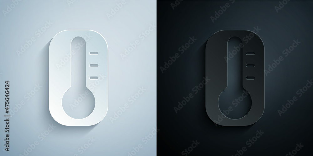 Paper cut Meteorology thermometer measuring heat and cold icon isolated on grey and black background. Thermometer equipment showing hot or cold weather. Paper art style. Vector Paper cut Meteorology thermometer measuring heat and cold icon isolated on grey and black background. Thermometer equipment showing hot or cold weather. Paper art style. Vector