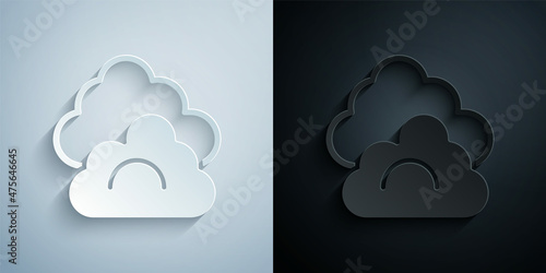Paper cut Cloud icon isolated on grey and black background. Paper art style. Vector