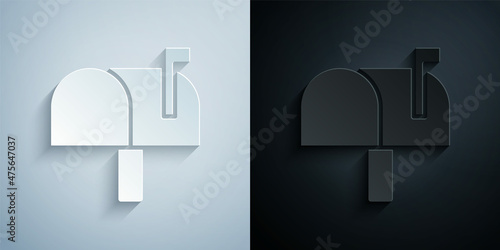 Paper cut Mail box icon isolated on grey and black background. Mailbox icon. Mail postbox on pole with flag. Paper art style. Vector
