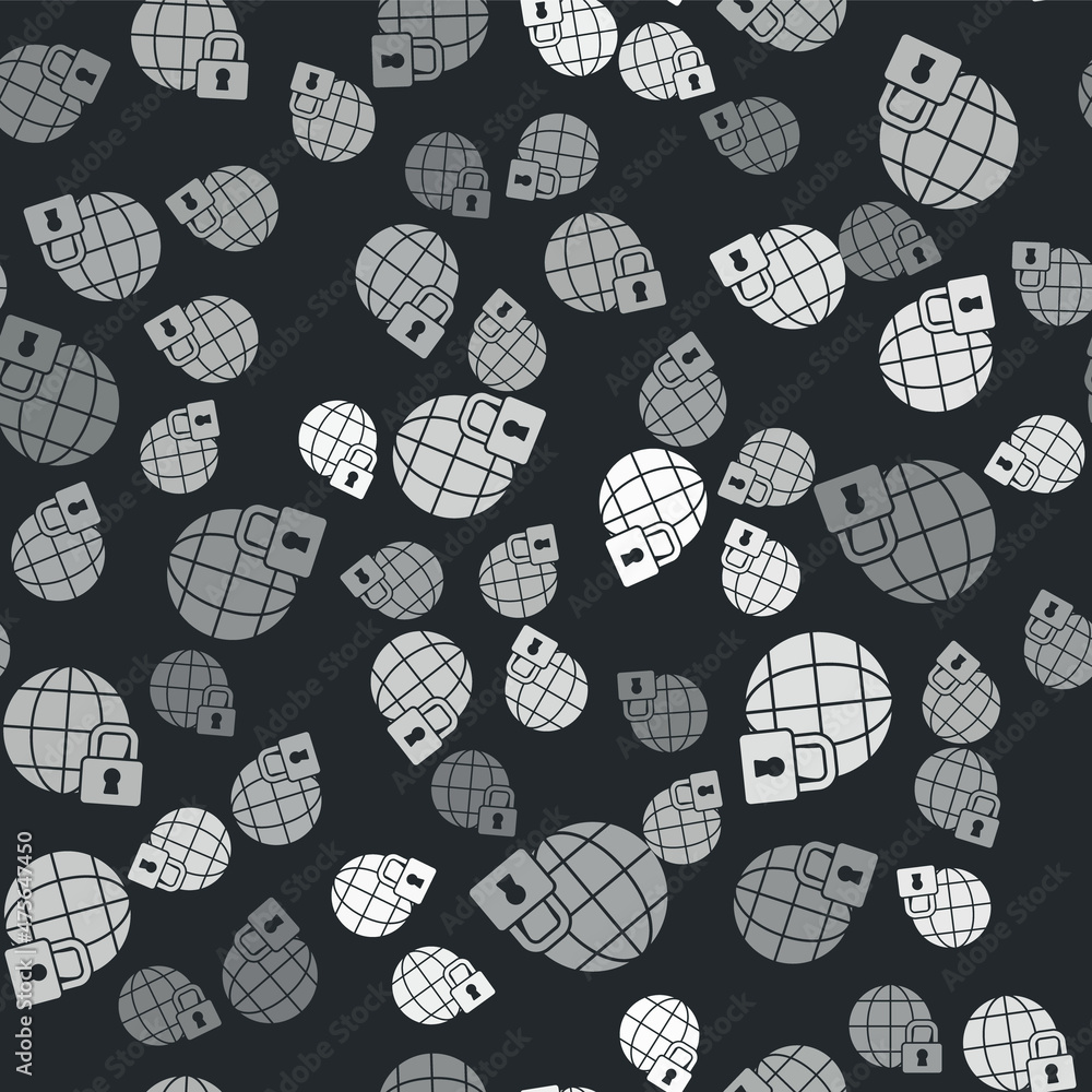 Grey Global lockdown - locked globe icon isolated seamless pattern on black background. Vector Grey Global lockdown - locked globe icon isolated seamless pattern on black background. Vector
