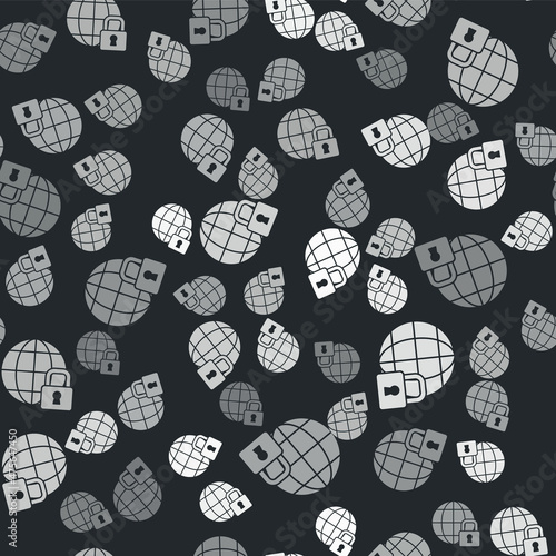 Grey Global lockdown - locked globe icon isolated seamless pattern on black background. Vector