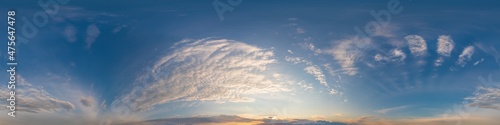 Dark blue sunset sky panorama with Cirrus clouds. Seamless hdr pano in spherical equirectangular format. Complete zenith for 3D visualization, game and sky replacement for aerial drone 360 panoramas.