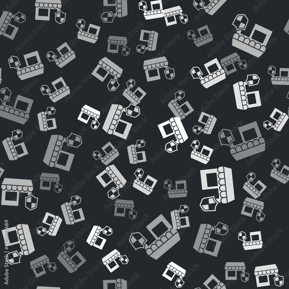 Grey Shopping building with shield icon isolated seamless pattern on black background. Insurance concept. Security, safety, protection, protect concept. Vector. Grey Shopping building with shield icon isolated seamless pattern on black background. Insurance concept. Security, safety, protection, protect concept. Vector.