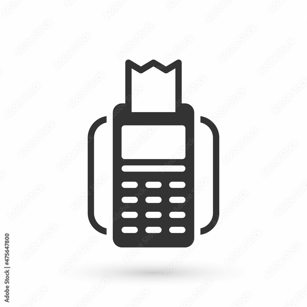 Grey POS terminal with inserted credit card and printed reciept icon isolated on white background. NFC payment concept. Vector Grey POS terminal with inserted credit card and printed reciept icon isolated on white background. NFC payment concept. Vector