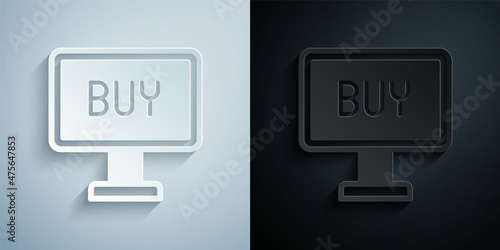 Paper cut Buy button icon isolated on grey and black background. Paper art style. Vector