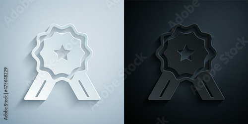 Paper cut Five stars customer product rating review icon isolated on grey and black background. Favorite, best rating, award symbol. Paper art style. Vector