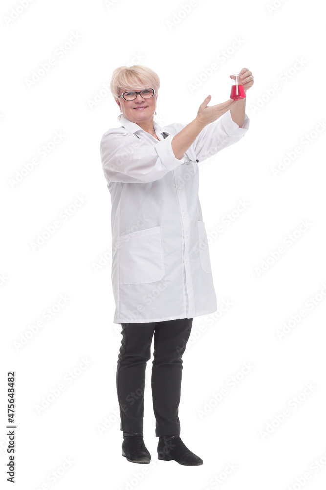 in full growth. competent doctor with a laboratory flask. in full growth. competent doctor with a laboratory flask.