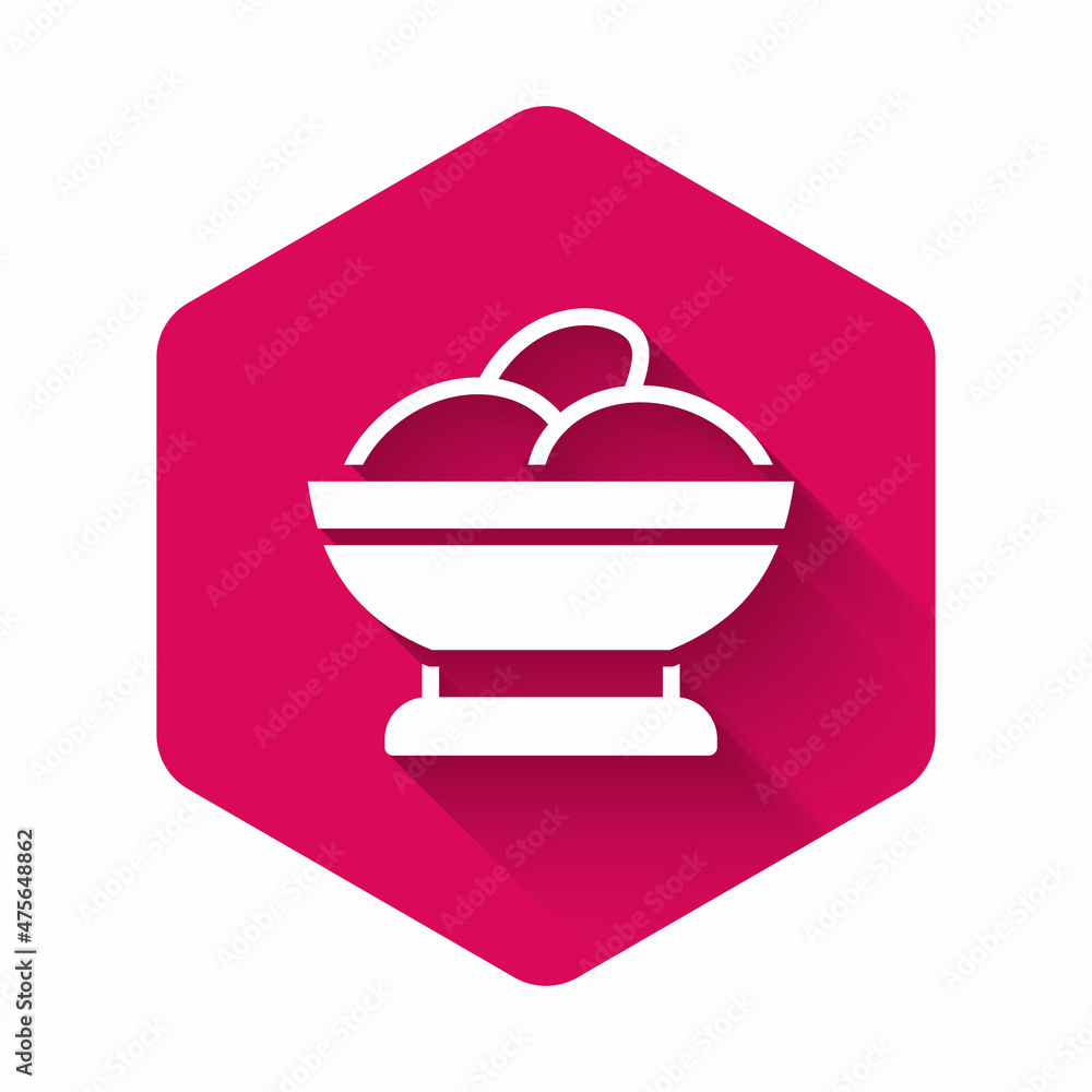 White Varenyky in a bowl icon isolated with long shadow. Pierogi, varenyky, dumpling, pelmeni, ravioli. Traditional Ukrainian food. Pink hexagon button. Vector White Varenyky in a bowl icon isolated with long shadow. Pierogi, varenyky, dumpling, pelmeni, ravioli. Traditional Ukrainian food. Pink hexagon button. Vector