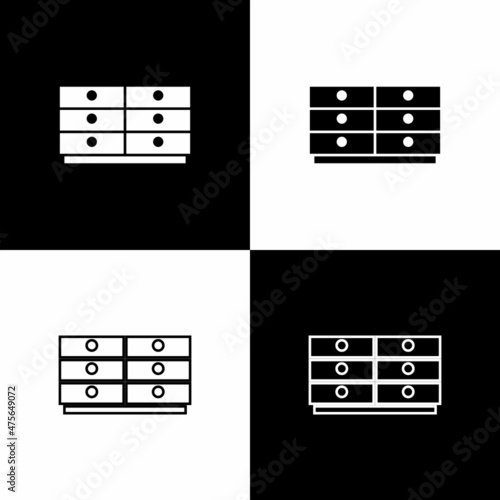 Set Chest of drawers icon isolated on black and white background. Vector