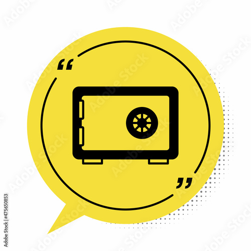 Black Safe icon isolated on white background. The door safe a bank vault with a combination lock. Reliable Data Protection. Yellow speech bubble symbol. Vector