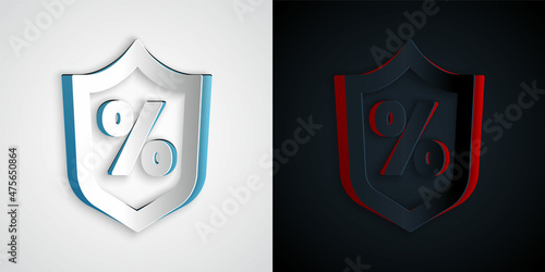 Paper cut Loan percent icon isolated on grey and black background. Protection shield sign. Credit percentage symbol. Paper art style. Vector
