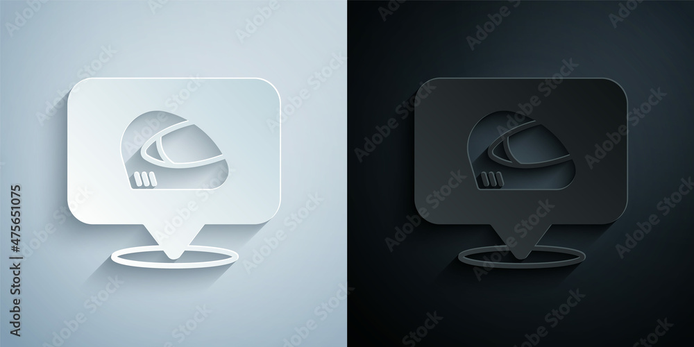 Paper cut Racing helmet icon isolated on grey and black background. Extreme sport. Sport equipment. Paper art style. Vector Paper cut Racing helmet icon isolated on grey and black background. Extreme sport. Sport equipment. Paper art style. Vector