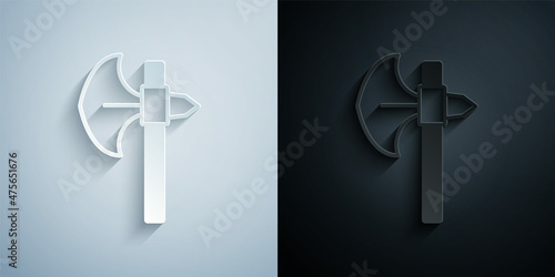 Paper cut Medieval axe icon isolated on grey and black background. Battle axe, executioner axe. Medieval weapon. Paper art style. Vector