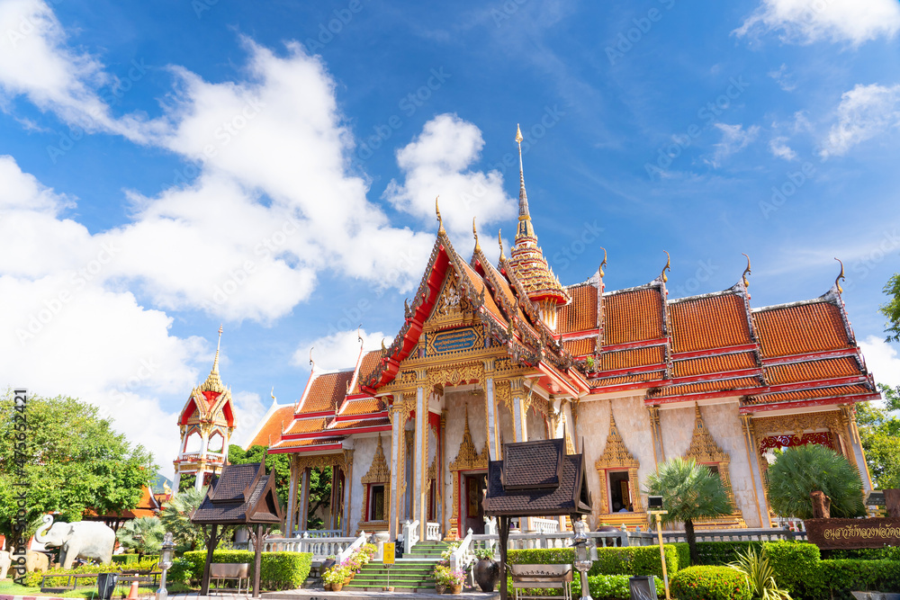 Naklejka premium Temple Wat chalong Buddhist landmark of Phuket with cloud and most important famous travel in Thailand.