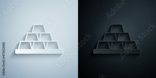 Paper cut Gold bars icon isolated on grey and black background. Banking business concept. Paper art style. Vector
