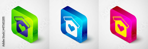 Isometric Shelter for homeless icon isolated on grey background. Emergency housing, temporary residence for people, bums and beggars without home. Square button. Vector