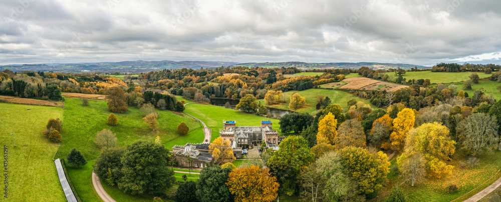Panorama over Ugbrooke House and Gardens from a drone in the colors of fall, Exeter, Devon, England, Europe