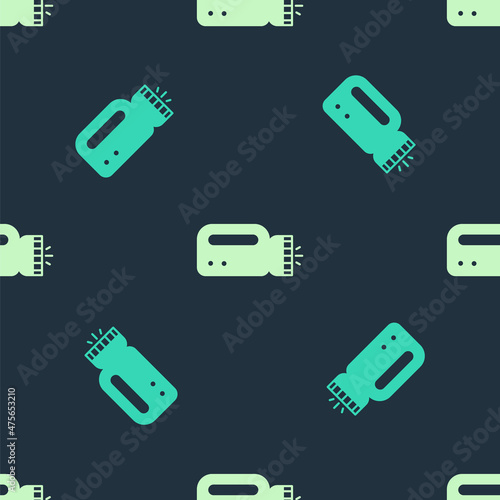 Green and beige Flashlight for diver icon isolated seamless pattern on blue background. Diving underwater equipment. Vector