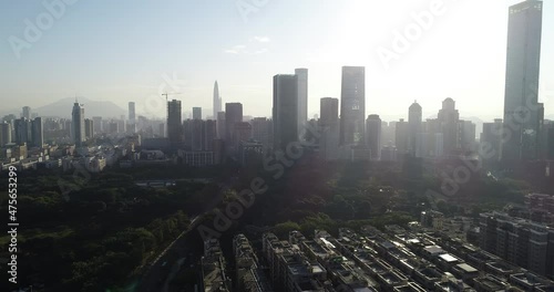 Shenzhen ,China - Circa 2021: Drone aerial footage of landscape in shenzhen city,China photo