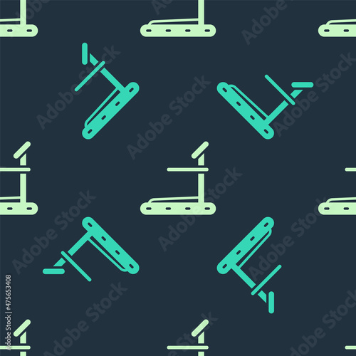 Green and beige Treadmill machine icon isolated seamless pattern on blue background. Vector