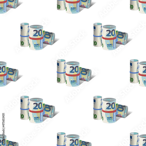 Seamless patterns. 3d. European Union paper money rolled up and tied with rubber bands. Folded 20 euro banknotes with shadows, arranged symmetrically on a white background