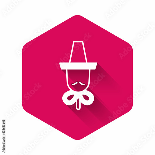 White Traditional korean hat icon isolated with long shadow background. Pink hexagon button. Vector