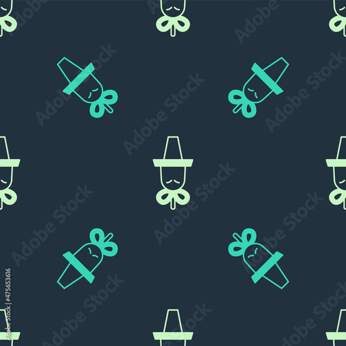 Green and beige Traditional korean hat icon isolated seamless pattern on blue background. Vector