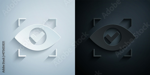 Paper cut Eye scan icon isolated on grey and black background. Scanning eye. Security check symbol. Cyber eye sign. Paper art style. Vector
