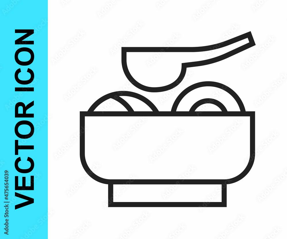 Black line Ramen soup bowl with noodles icon isolated on white background. Bowl of traditional asian noodle soup. Vector Black line Ramen soup bowl with noodles icon isolated on white background. Bowl of traditional asian noodle soup. Vector