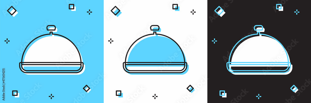 Set Covered with a tray of food icon isolated on blue and white, black background. Tray and lid sign. Restaurant cloche with lid. Vector Set Covered with a tray of food icon isolated on blue and white, black background. Tray and lid sign. Restaurant cloche with lid. Vector