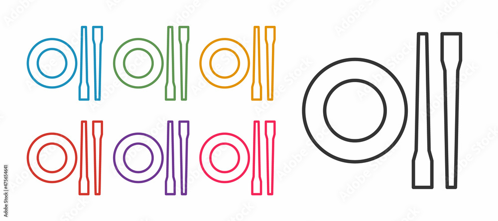 Set line Food chopsticks with plate icon isolated on white background. Wooden Korean sticks for Asian dishes. Oriental utensils. Set icons colorful. Vector Set line Food chopsticks with plate icon isolated on white background. Wooden Korean sticks for Asian dishes. Oriental utensils. Set icons colorful. Vector