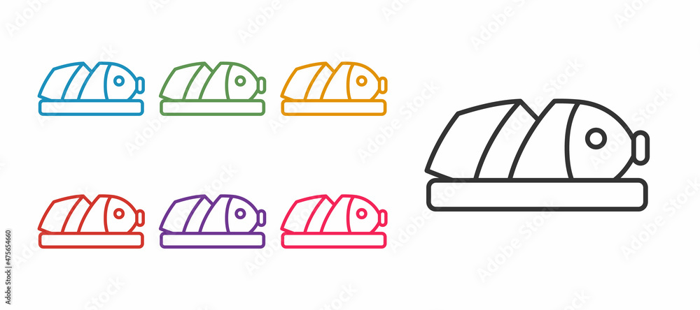 Set line Fish with sliced pieces with knife icon isolated on white background. Set icons colorful. Vector Set line Fish with sliced pieces with knife icon isolated on white background. Set icons colorful. Vector