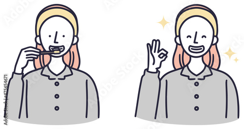 歯磨きをする女性　シンプルイラスト
