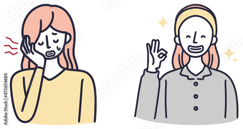 虫歯が痛む女性　ビフォーアフター　シンプルイラスト