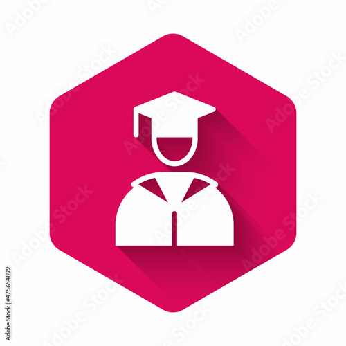 White Graduate and graduation cap icon isolated with long shadow background. Pink hexagon button. Vector