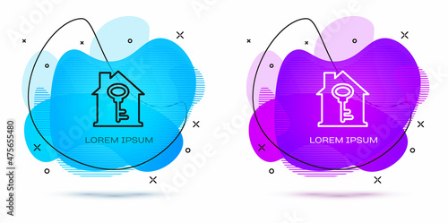 Line House with key icon isolated on white background. The concept of the house turnkey. Abstract banner with liquid shapes. Vector