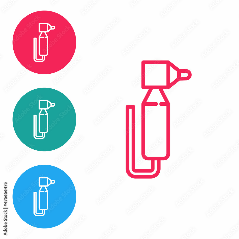 Red line Tooth drill icon isolated on white background. Dental handpiece for drilling and grinding tools. Set icons in circle buttons. Vector Red line Tooth drill icon isolated on white background. Dental handpiece for drilling and grinding tools. Set icons in circle buttons. Vector