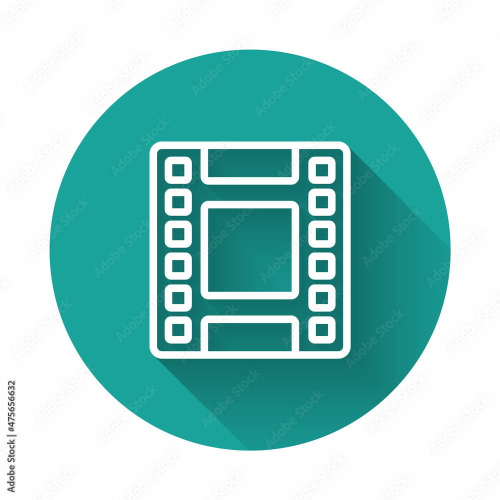 White line Play Video icon isolated with long shadow. Film strip sign. Green circle button. Vector White line Play Video icon isolated with long shadow. Film strip sign. Green circle button. Vector