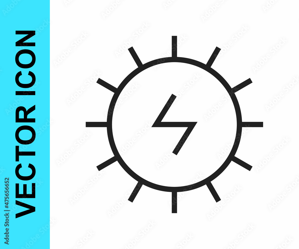 Black line Solar energy panel icon isolated on white background. Sun with lightning symbol. Vector Black line Solar energy panel icon isolated on white background. Sun with lightning symbol. Vector