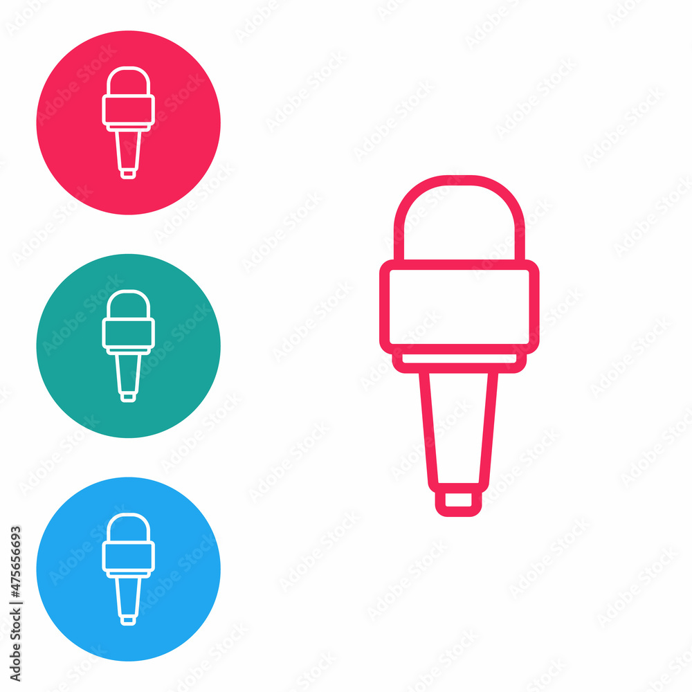Red line Microphone icon isolated on white background. On air radio mic microphone. Speaker sign. Set icons in circle buttons. Vector Red line Microphone icon isolated on white background. On air radio mic microphone. Speaker sign. Set icons in circle buttons. Vector