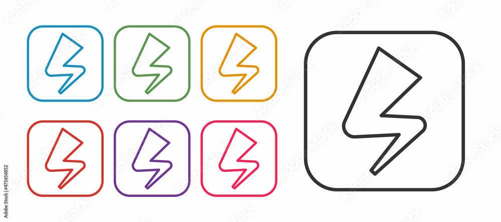 Set line Lightning bolt icon isolated on white background. Flash sign. Charge flash icon. Thunder bolt. Lighting strike. Set icons colorful. Vector Set line Lightning bolt icon isolated on white background. Flash sign. Charge flash icon. Thunder bolt. Lighting strike. Set icons colorful. Vector