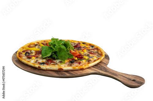 Delicious pizza served on wooden plate. Isolated white background. Top view