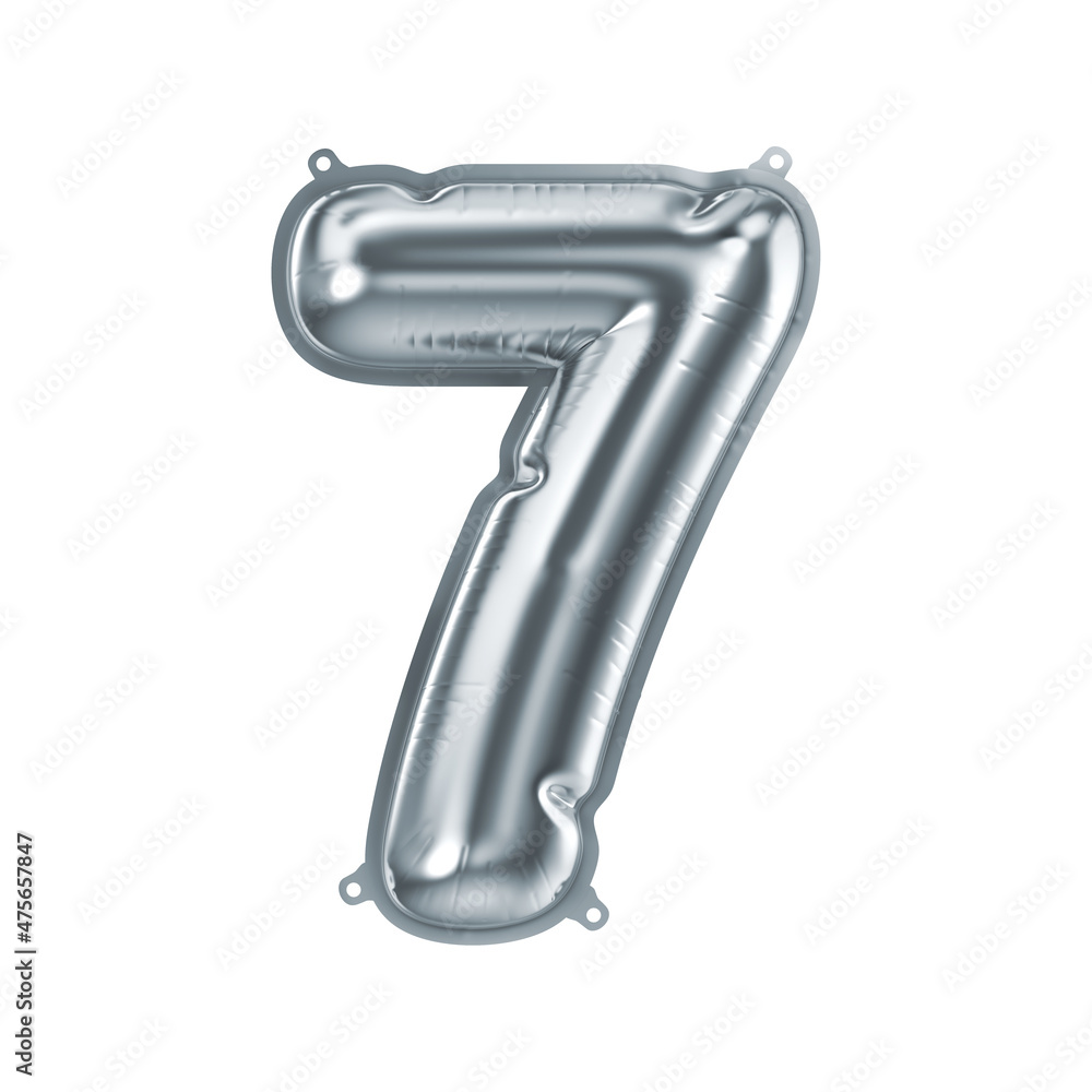 3D Render of Silver inflatable foil balloon 7 figure. Party decoration element. Gray number seven isolated on white background. New year celebration postcard part. Graphic element sign for web design 3D Render of Silver inflatable foil balloon 7 figure. Party decoration element. Gray number seven isolated on white background. New year celebration postcard part. Graphic element sign for web design